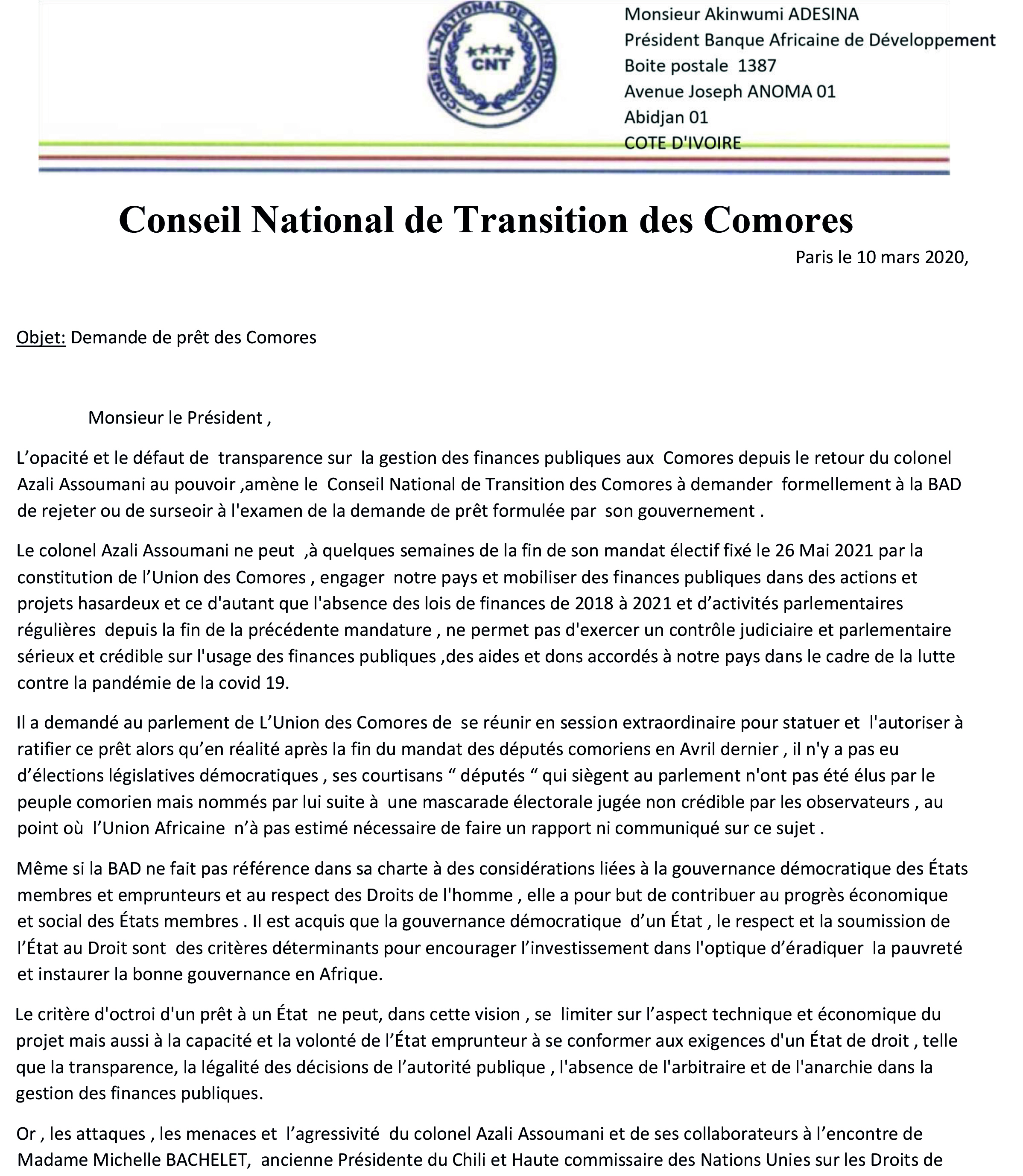 Le CNT demande à la BAD de rejeter la demande de prêt du gouvernement Azali