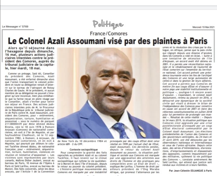 Plaintes contre Azali et colonel Tackfine pour tortures à Paris